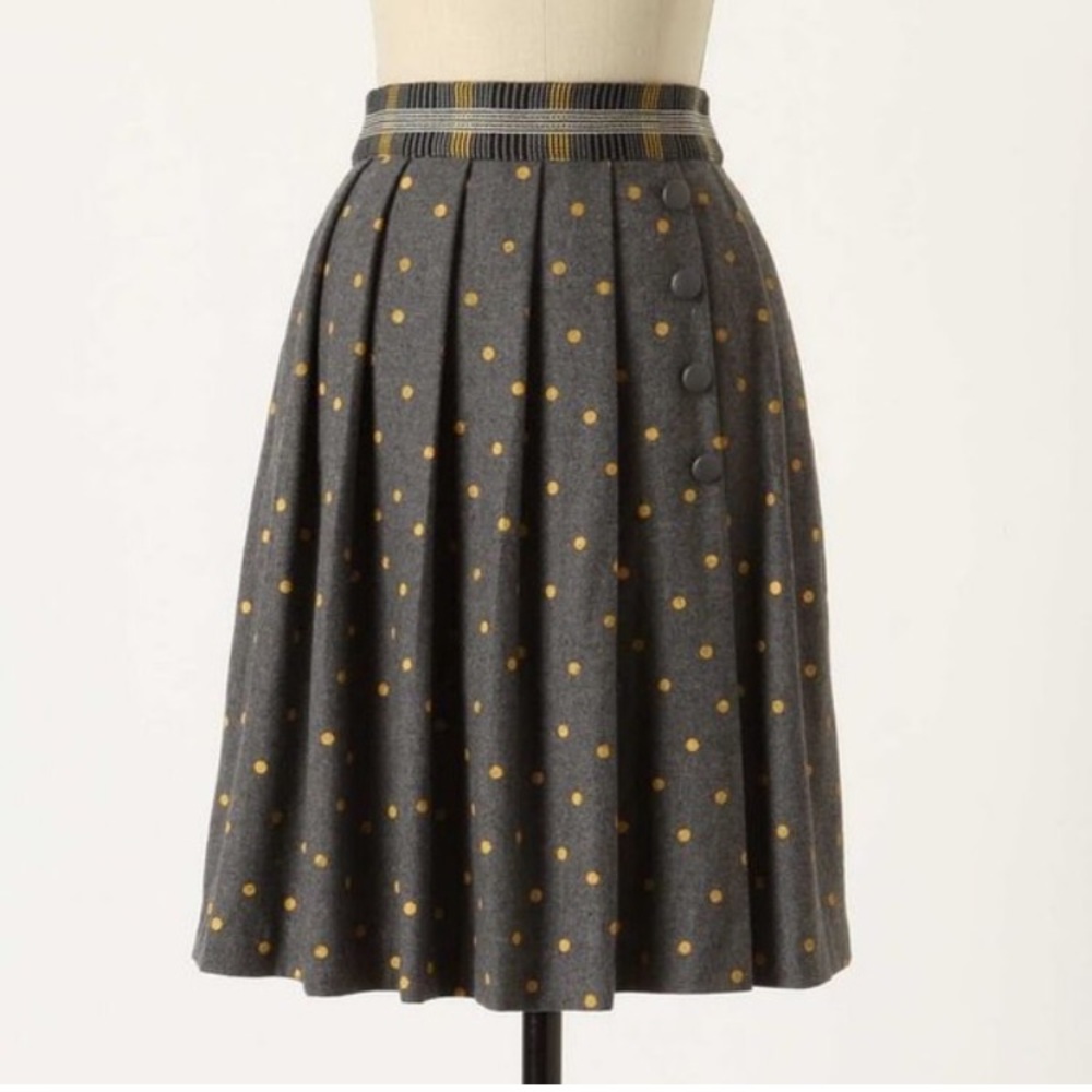 Anthro grey pleated skirt with yellow polka dots